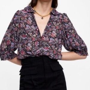 Zara women’s premium collection flowy floral print blouse shirt top size XS